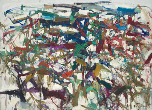 Abstract oil painting with dynamic brushstrokes in red, blue, green, and purple on a white background. The composition features overlapping lines and drips. This is an AI generated description. To give feedback, email ai@moma.org.